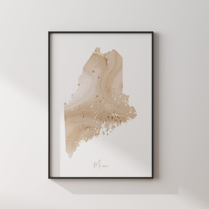 Maine Map Beige & Gold Wall Art Print | US State | USA | United States of America