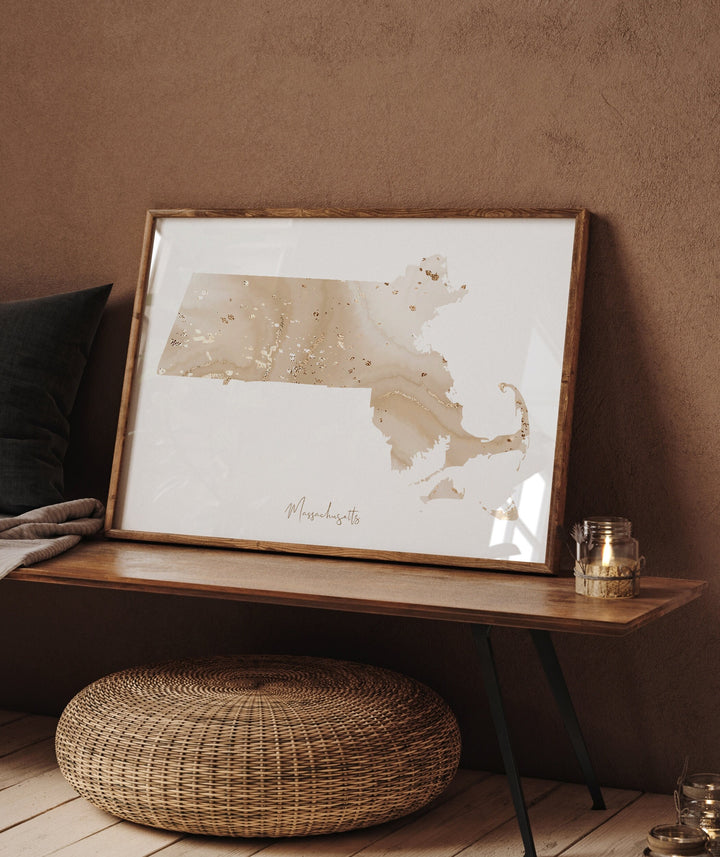Massachusetts Map Beige & Gold Wall Art Print | US State | USA | United States of America