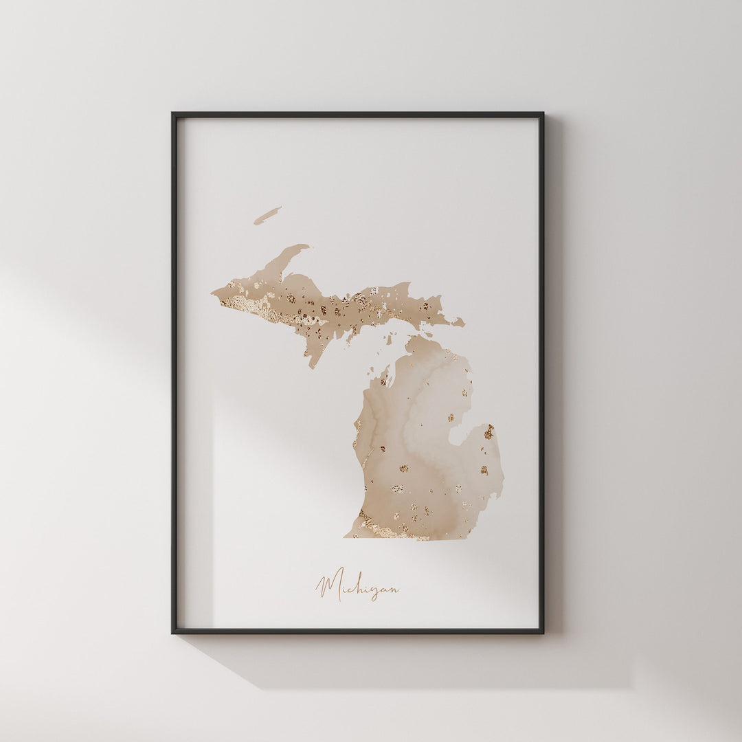 Michigan Map Beige & Gold Wall Art Print | US State | USA | United States of America