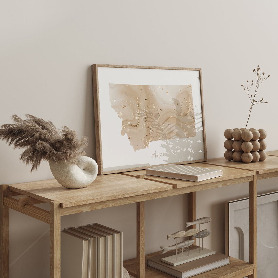 Montana Map Beige & Gold Wall Art Print | US State | USA | United States of America