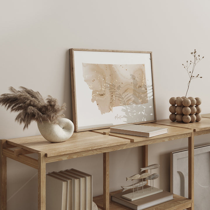 Montana Map Beige & Gold Wall Art Print | US State | USA | United States of America