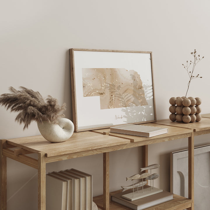 Nebraska Map Beige & Gold Wall Art Print | US State | USA | United States of America