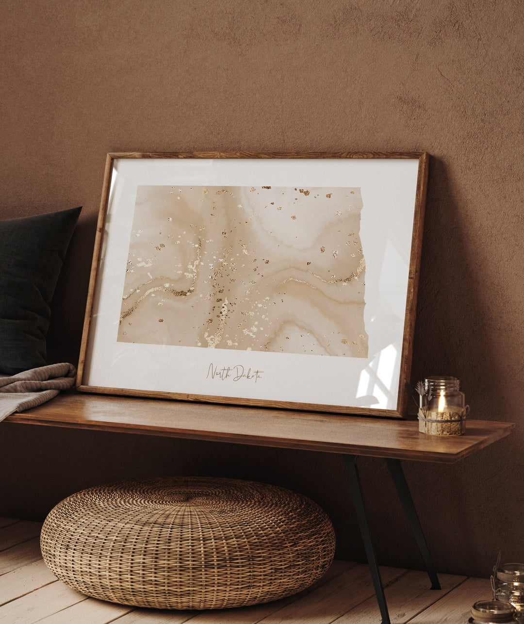North Dakota Map Beige & Gold Wall Art Print | US State | USA | United States of America