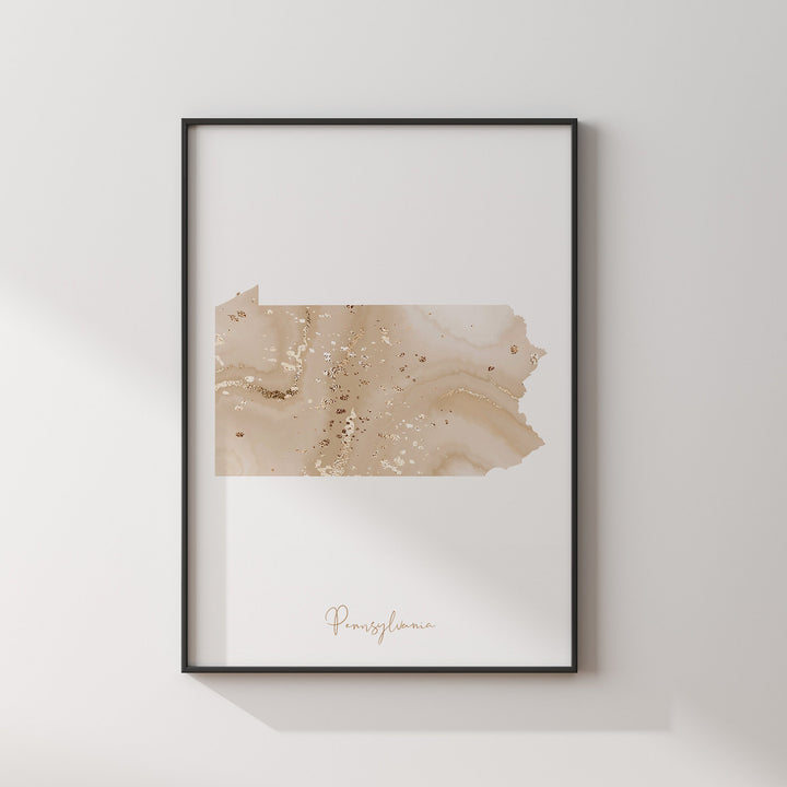 Pennsylvania Map Beige & Gold Wall Art Print | US State | USA | United States of America