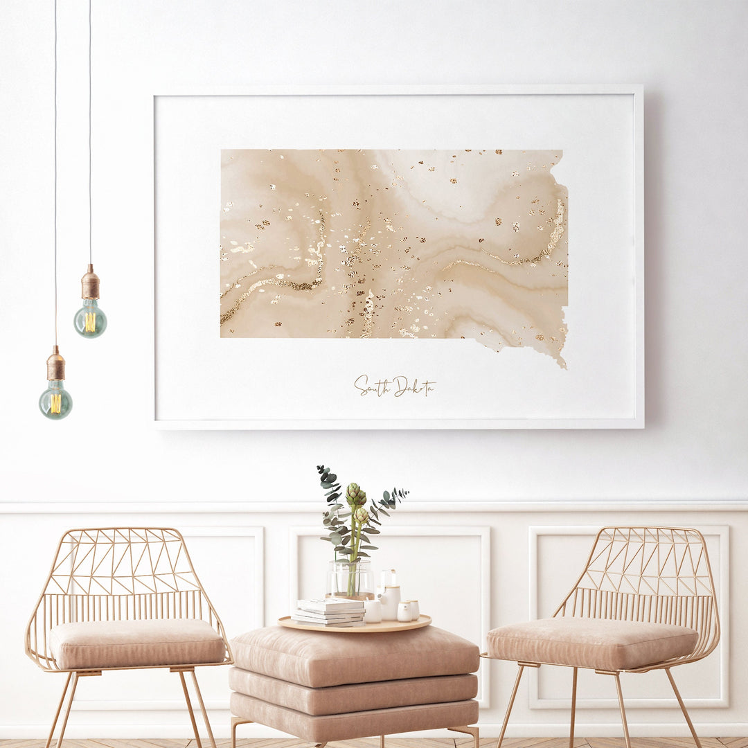 South Dakota Map Beige & Gold Wall Art Print | US State | USA | United States of America