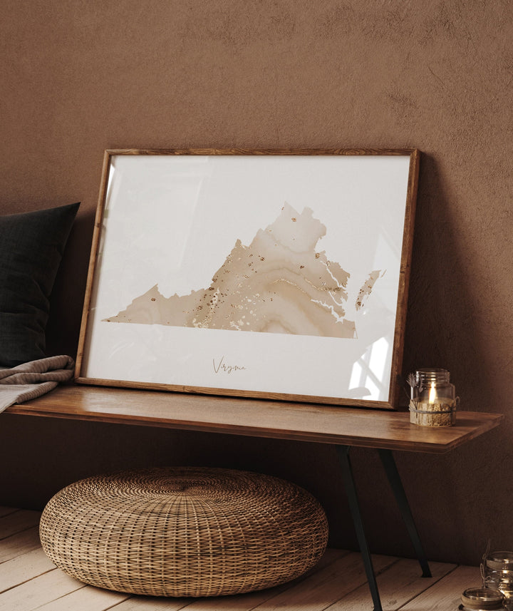 Virginia Map Beige & Gold Wall Art Print | US State | USA | United States of America