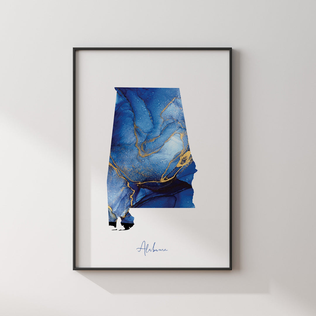 Alabama Map Blue and Gold Wall Art Print | US State | United States of America | USA