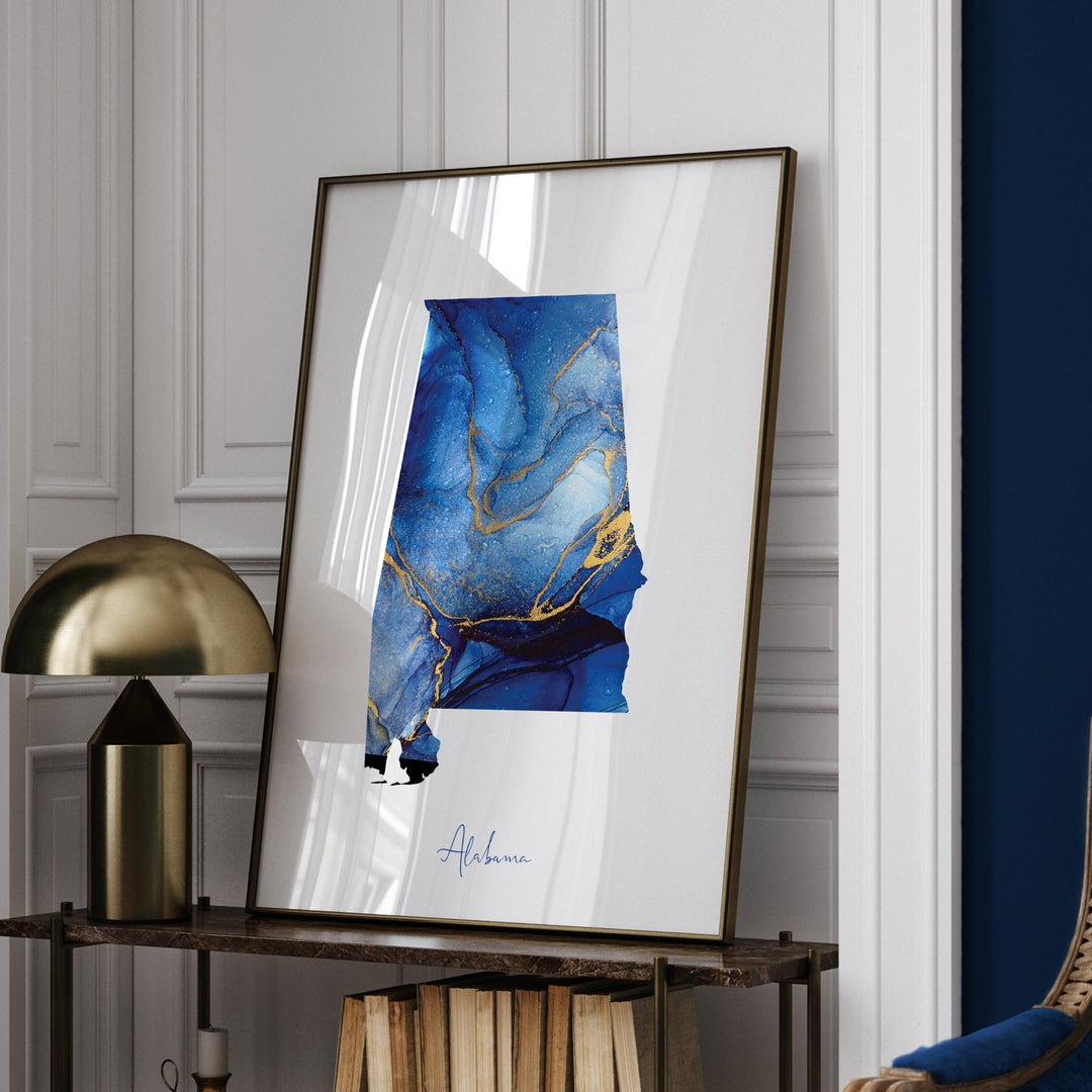 Alabama Map Blue and Gold Wall Art Print | US State | United States of America | USA