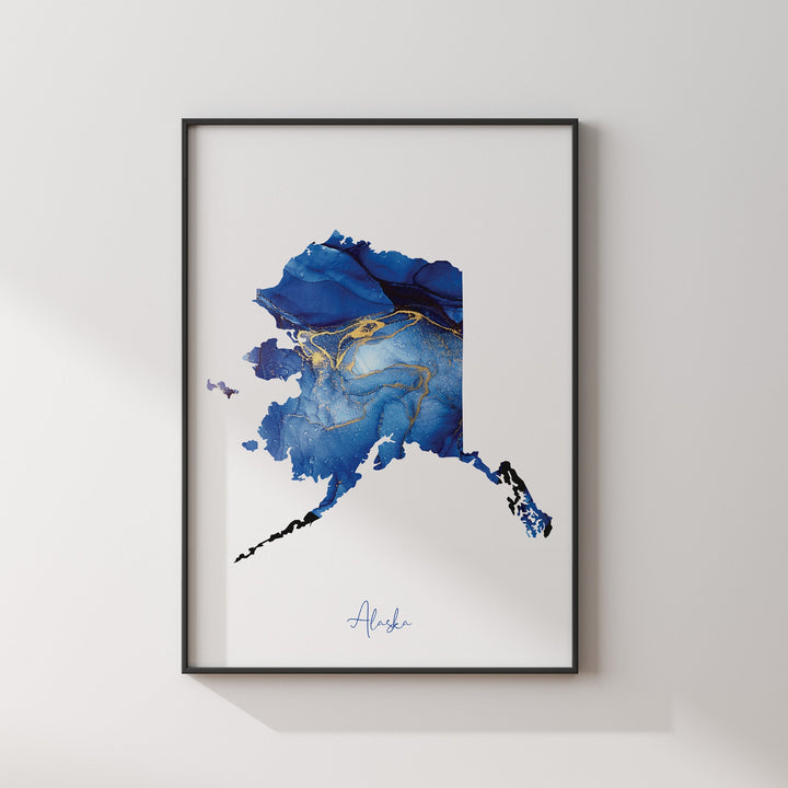 Alaska Map Blue and Gold Wall Art Print | US State | United States of America | USA