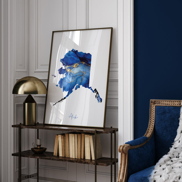 Alaska Map Blue and Gold Wall Art Print | US State | United States of America | USA
