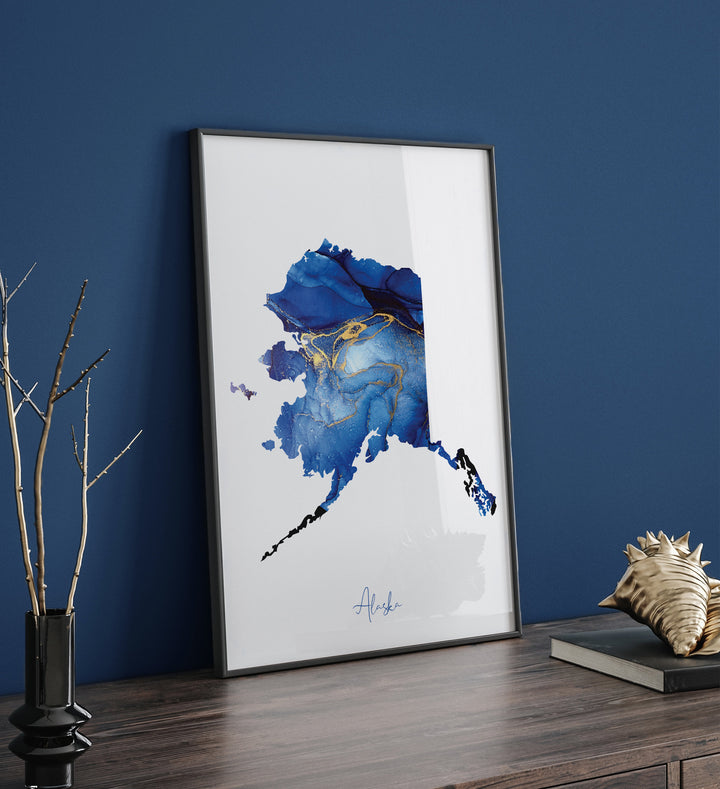 Alaska Map Blue and Gold Wall Art Print | US State | United States of America | USA