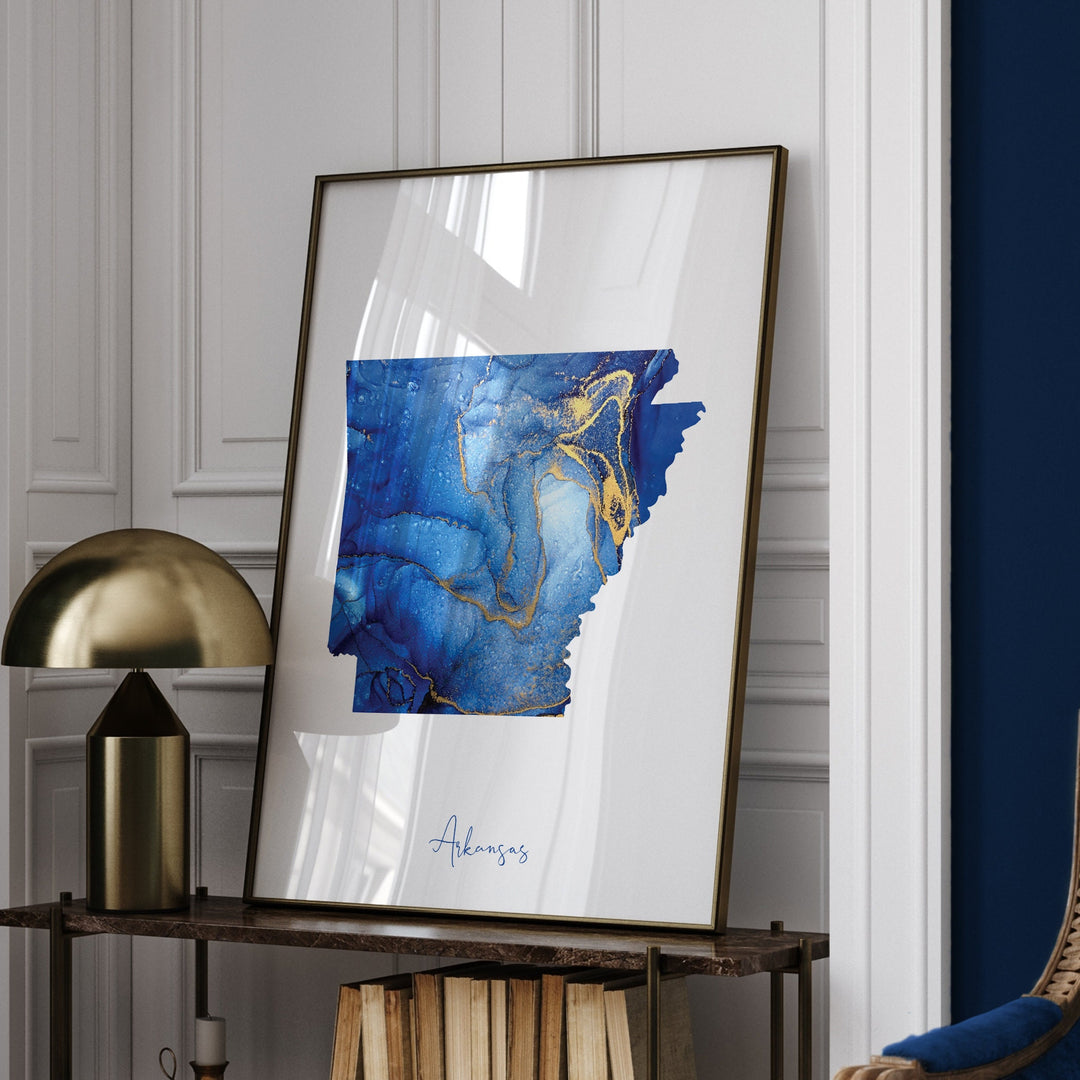 Arkansas Map Blue and Gold Wall Art Print | US State | United States of America | USA