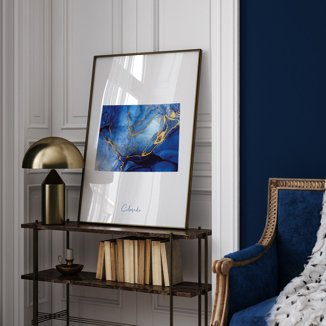 Colorado Map Blue and Gold Wall Art Print | US State | United States of America | USA