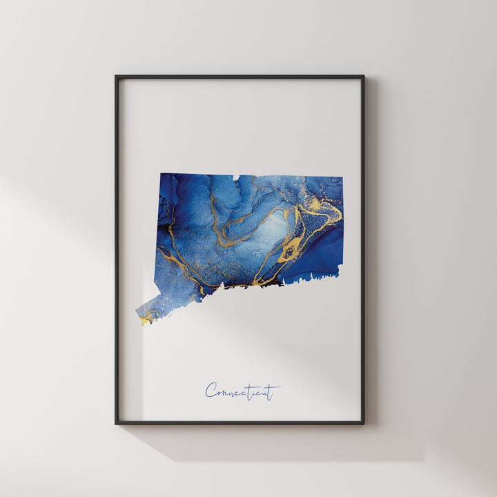 Connecticut Map Blue and Gold Wall Art Print | US State | United States of America | USA