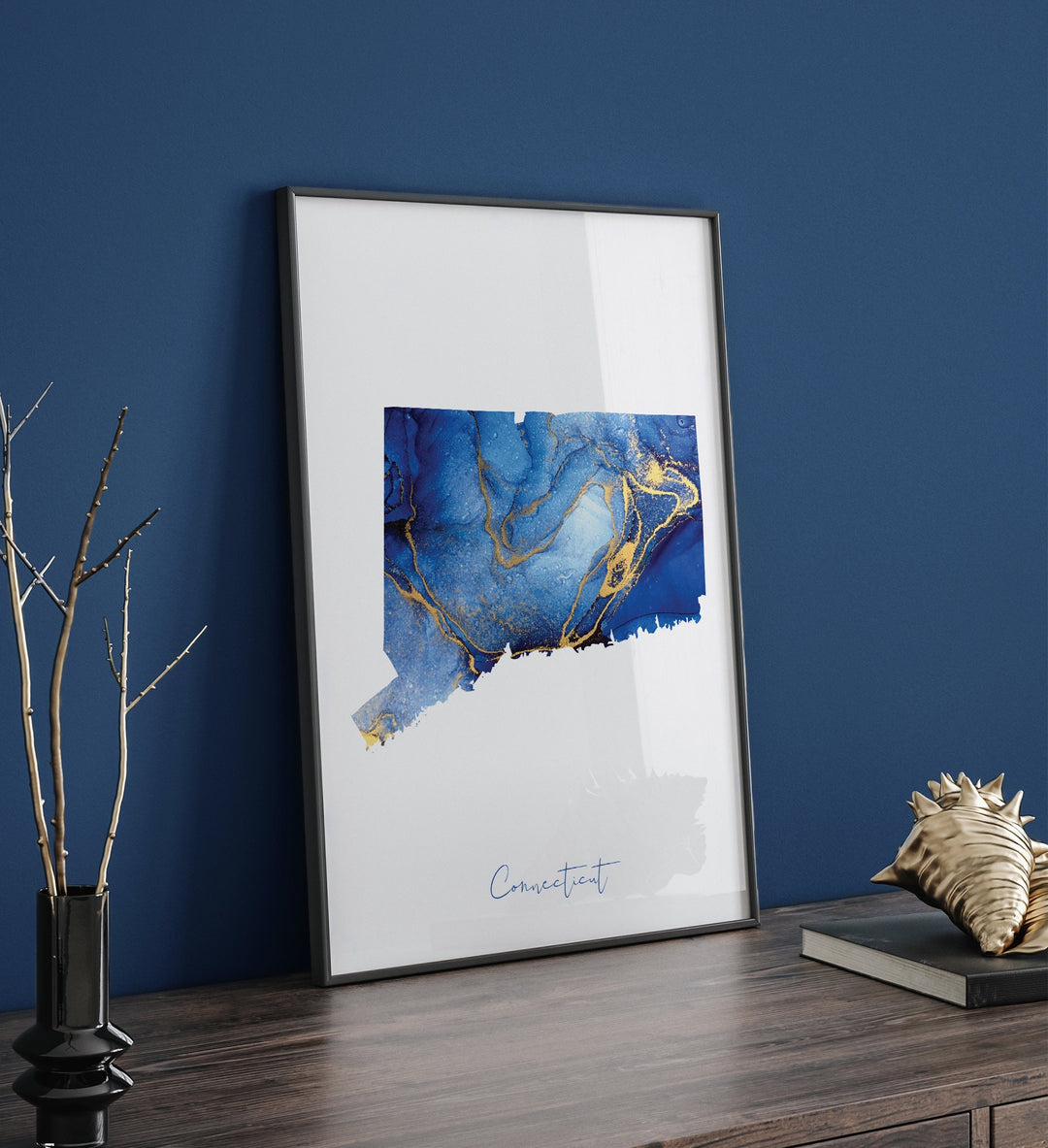 Connecticut Map Blue and Gold Wall Art Print | US State | United States of America | USA