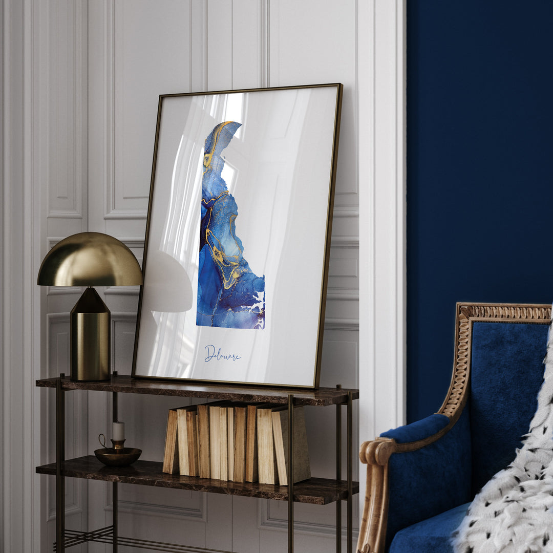 Delaware Map Blue and Gold Wall Art Print | US State | United States of America | USA