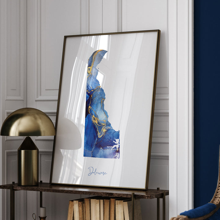 Delaware Map Blue and Gold Wall Art Print | US State | United States of America | USA