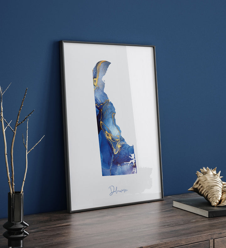 Delaware Map Blue and Gold Wall Art Print | US State | United States of America | USA