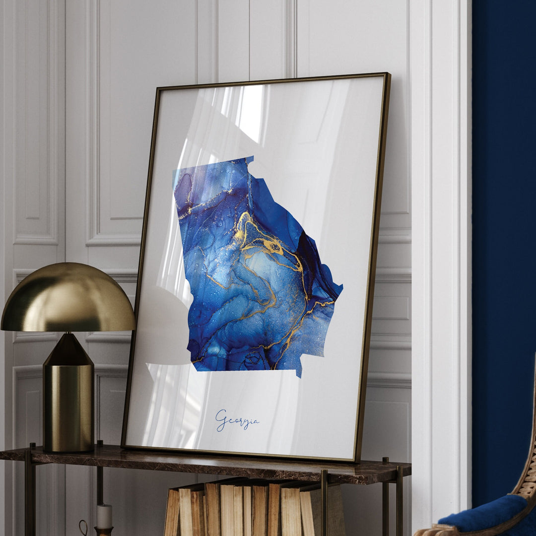 Georgia Map Blue and Gold Wall Art Print | US State | United States of America | USA