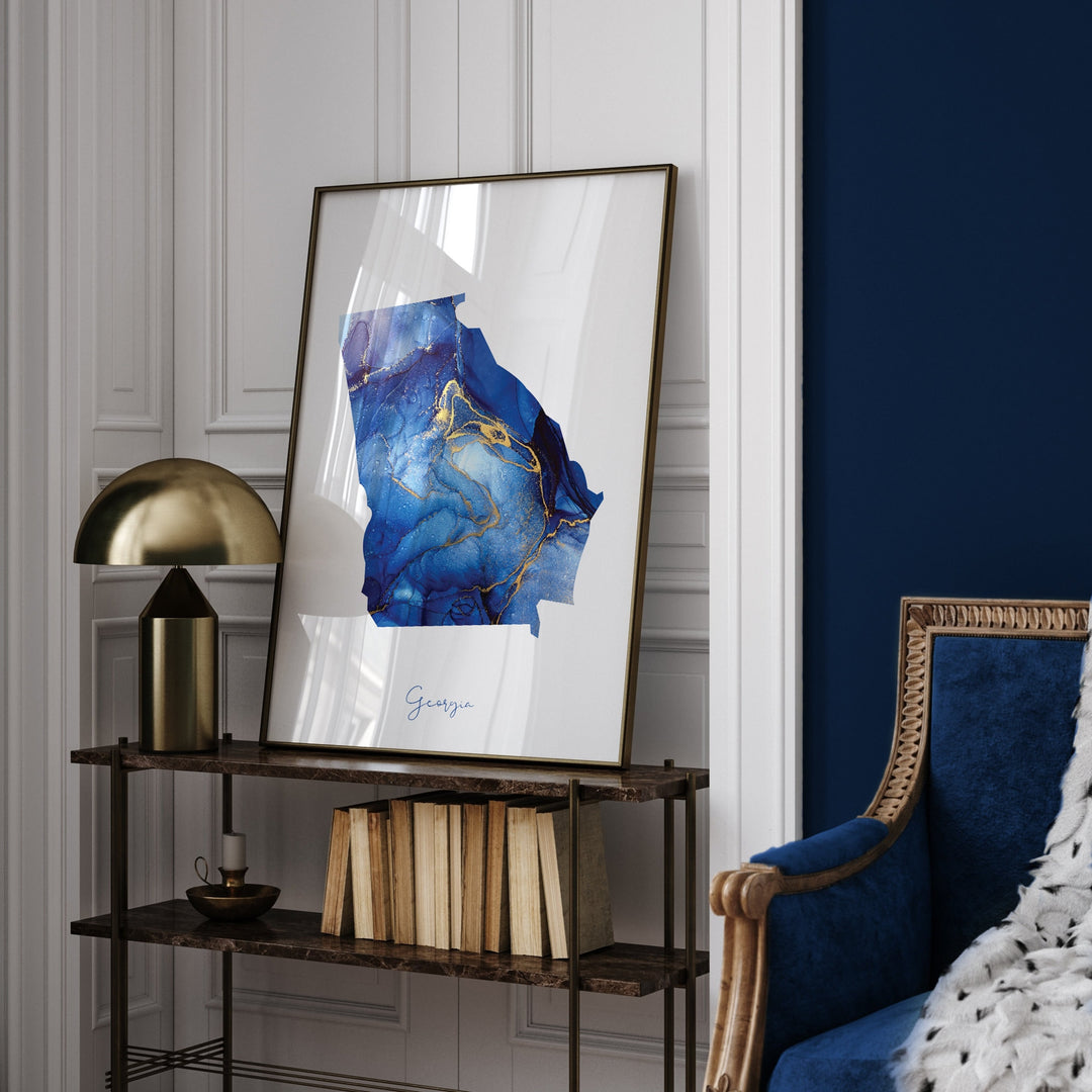 Georgia Map Blue and Gold Wall Art Print | US State | United States of America | USA