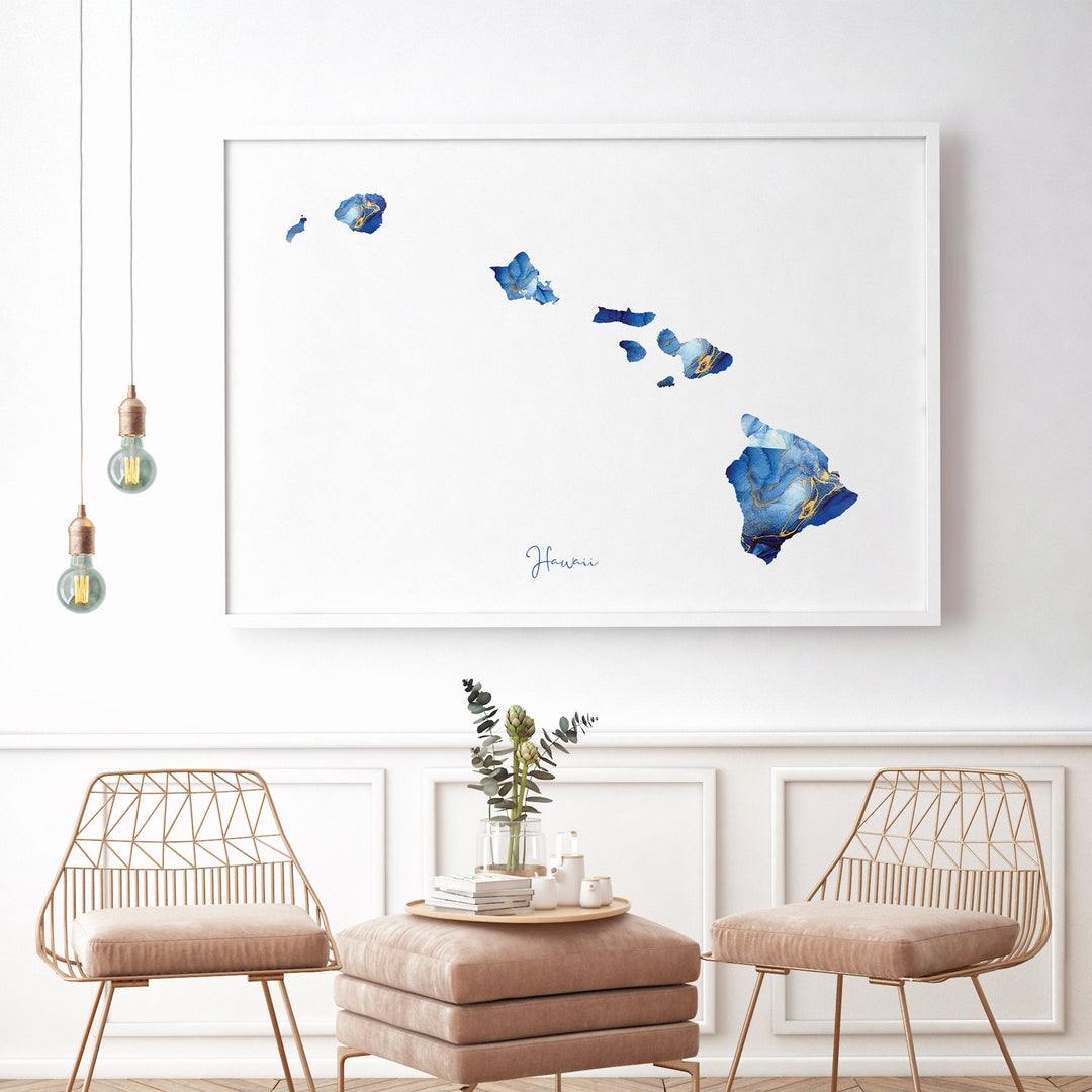 Hawaii Map Blue and Gold Wall Art Print | US State | United States of America | USA