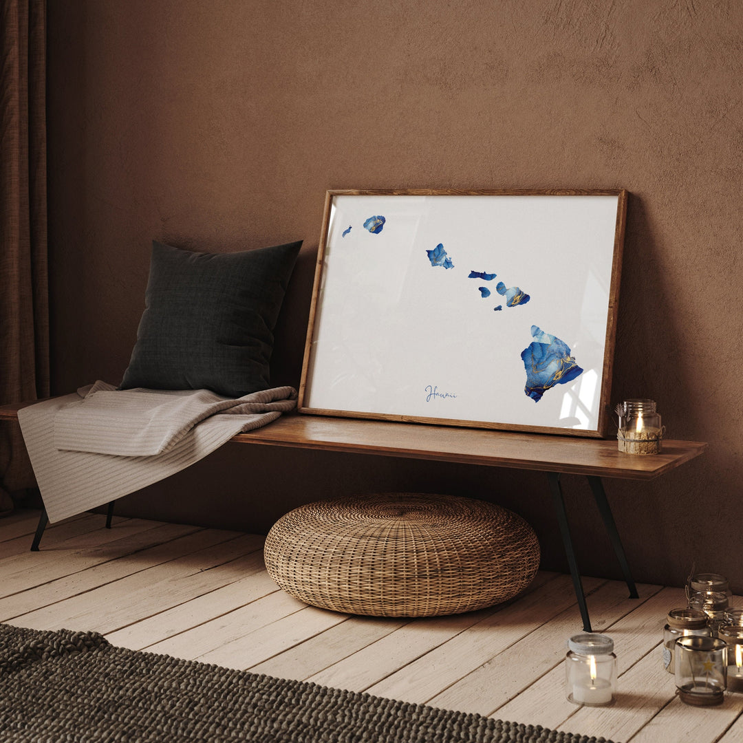 Hawaii Map Blue and Gold Wall Art Print | US State | United States of America | USA