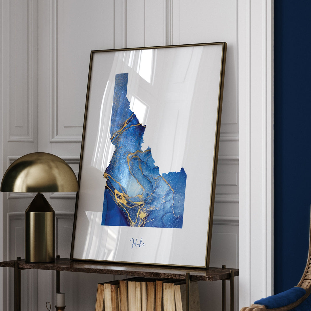 Idaho Map Blue and Gold Wall Art Print | US State | United States of America | USA