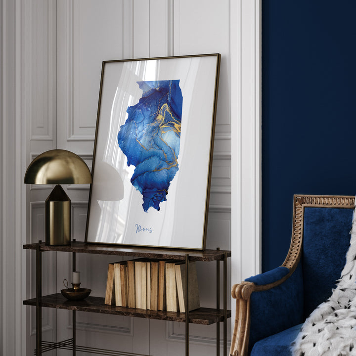 Illinois Map Blue and Gold Wall Art Print | US State | United States of America | USA