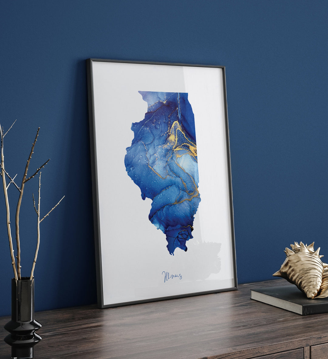 Illinois Map Blue and Gold Wall Art Print | US State | United States of America | USA