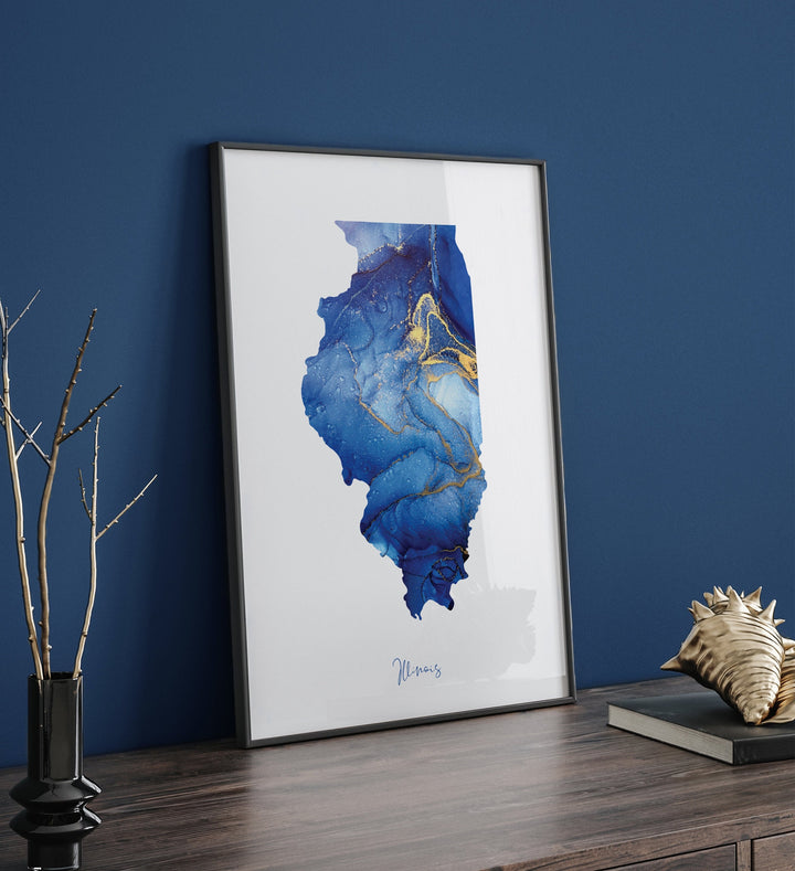 Illinois Map Blue and Gold Wall Art Print | US State | United States of America | USA