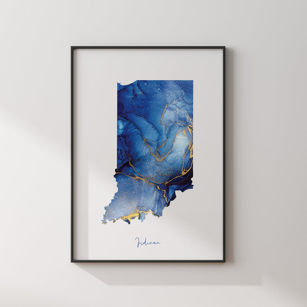 Indiana Map Blue and Gold Wall Art Print | US State | United States of America | USA