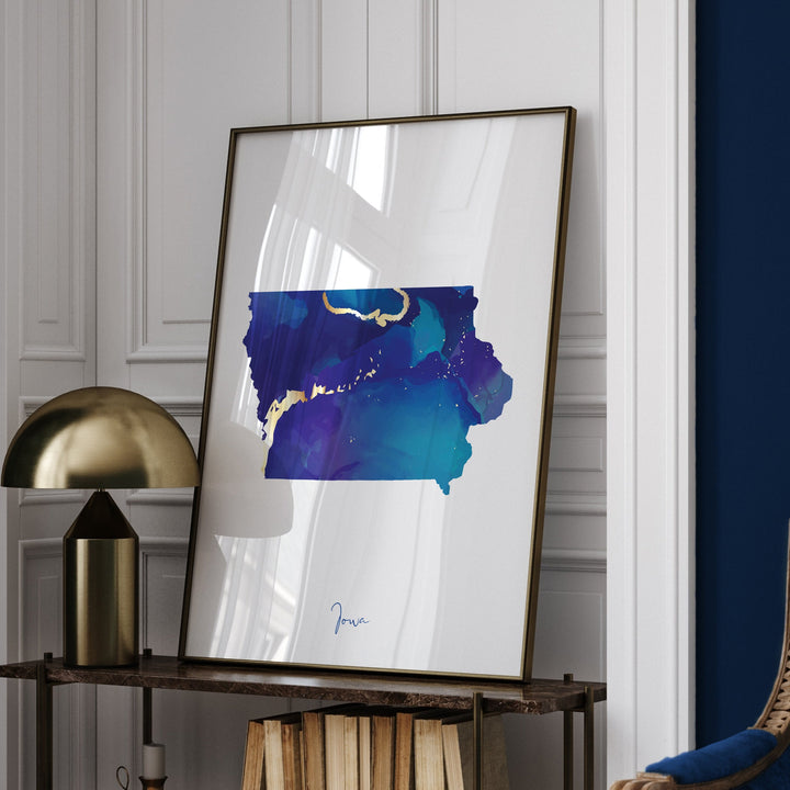 Iowa Map Blue and Gold Wall Art Print | US State | United States of America | USA