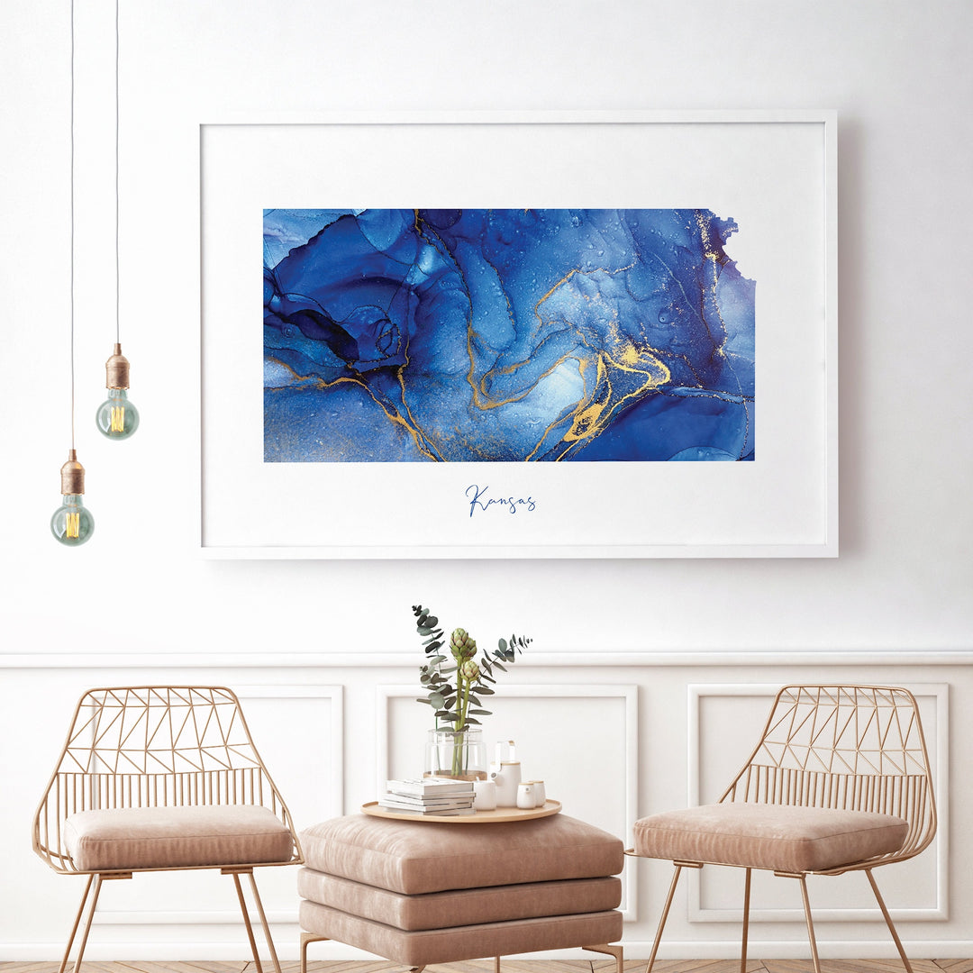 Kansas Map Blue and Gold Wall Art Print | US State | United States of America | USA