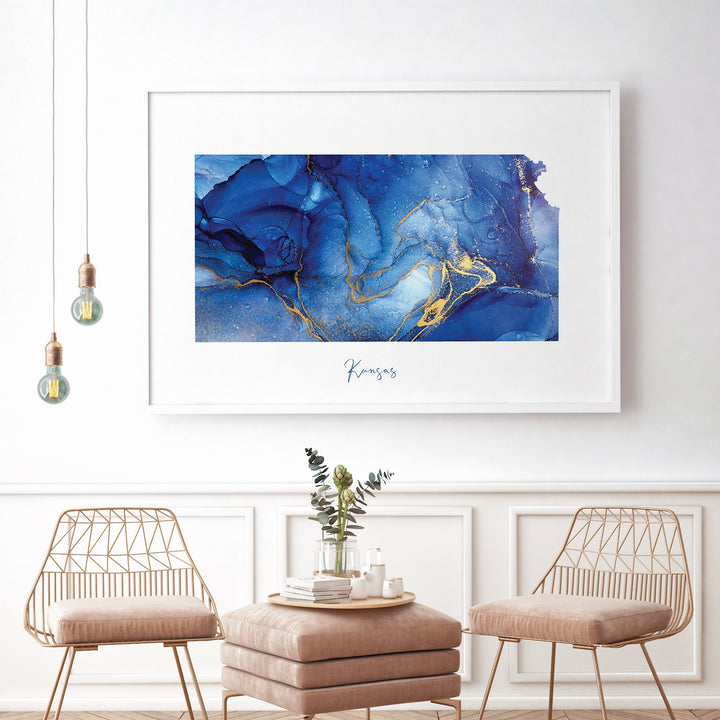 Kansas Map Blue and Gold Wall Art Print | US State | United States of America | USA