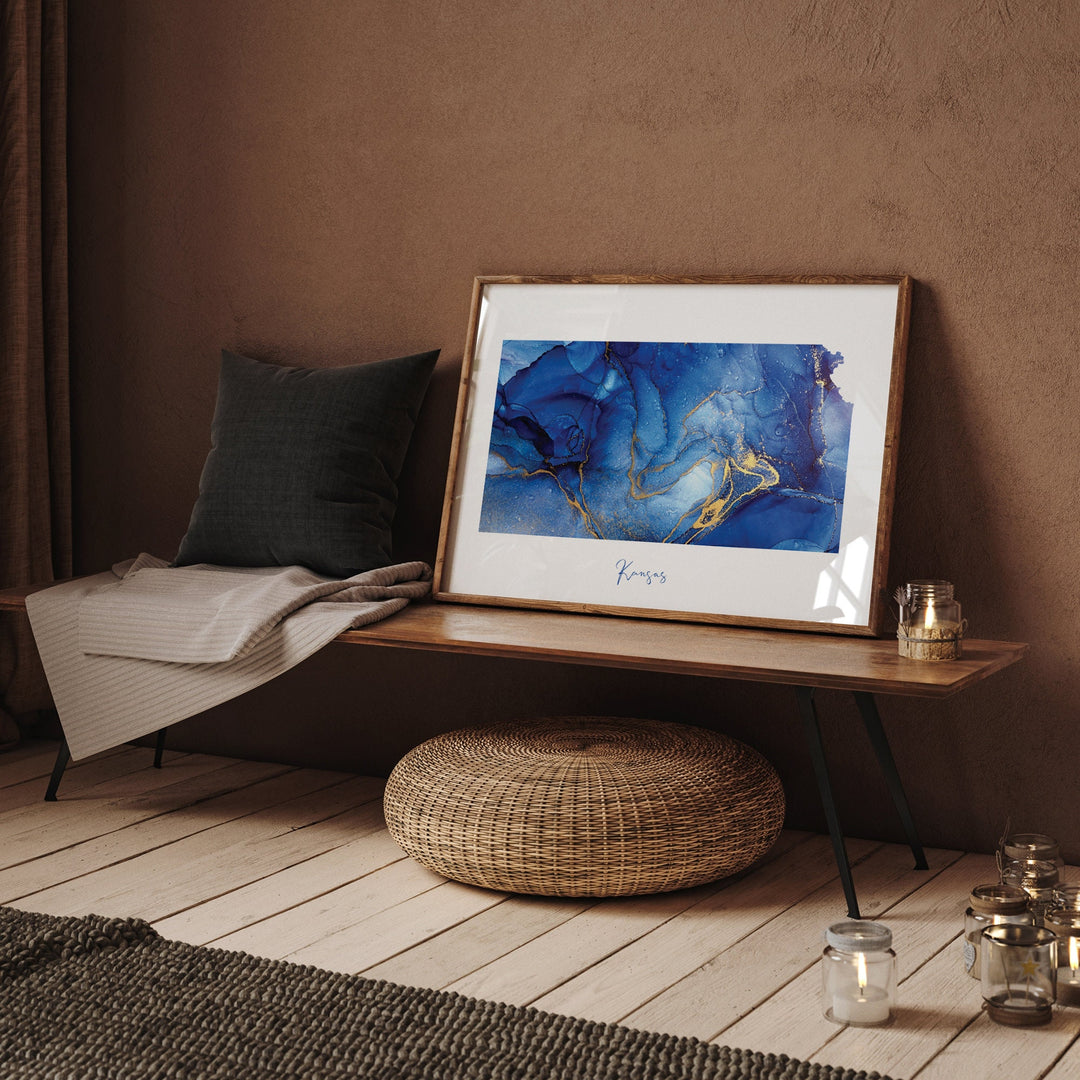 Kansas Map Blue and Gold Wall Art Print | US State | United States of America | USA