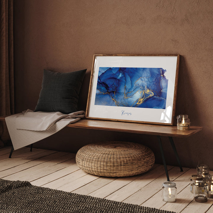 Kansas Map Blue and Gold Wall Art Print | US State | United States of America | USA