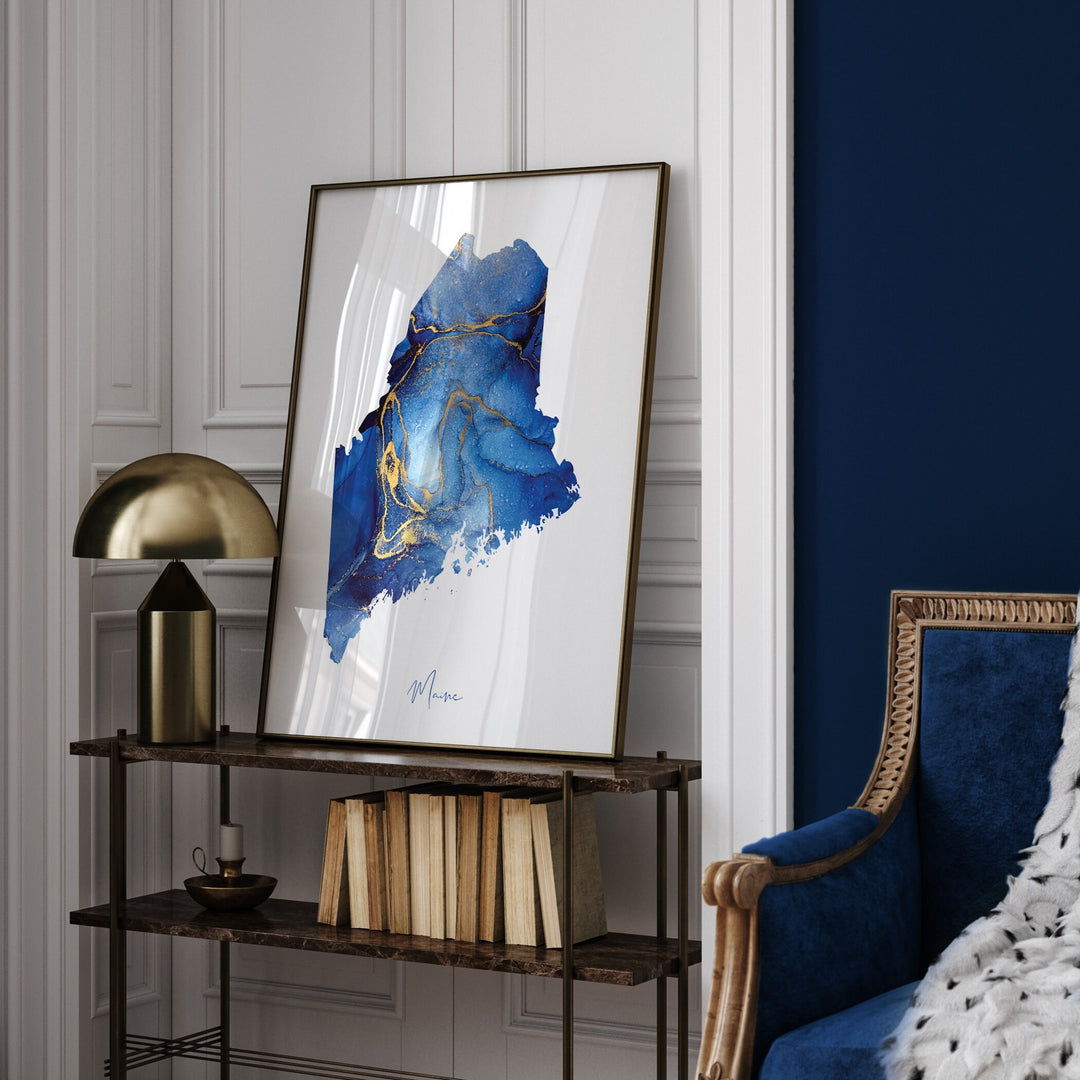 Maine Map Blue and Gold Wall Art Print | US State | United States of America | USA