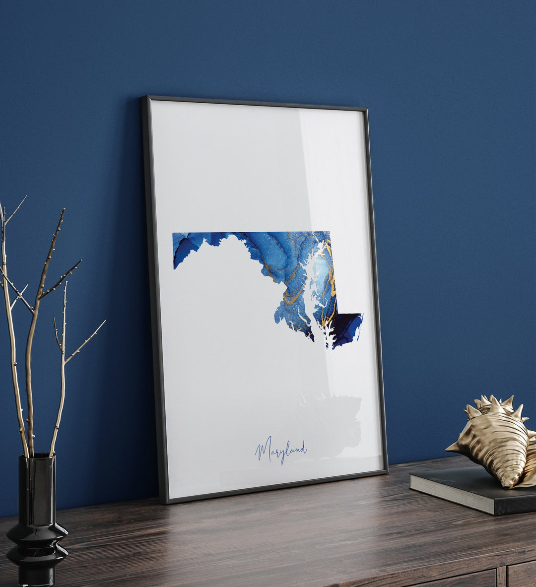 Maryland Map Blue and Gold Wall Art Print | US State | United States of America | USA