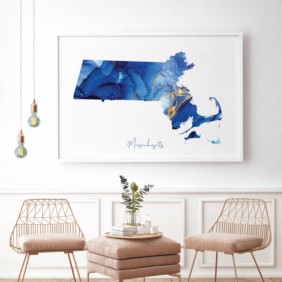 Massachusetts Map Blue and Gold Wall Art Print | US State | United States of America | USA