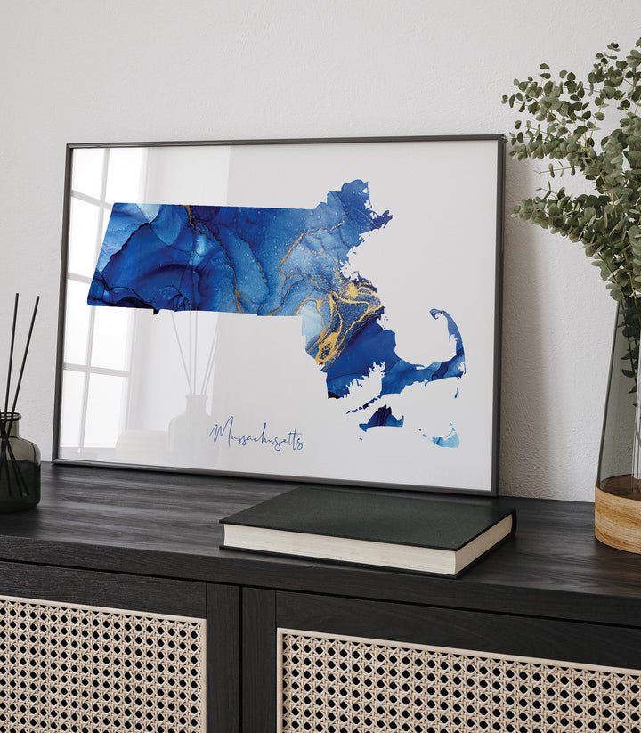 Massachusetts Map Blue and Gold Wall Art Print | US State | United States of America | USA