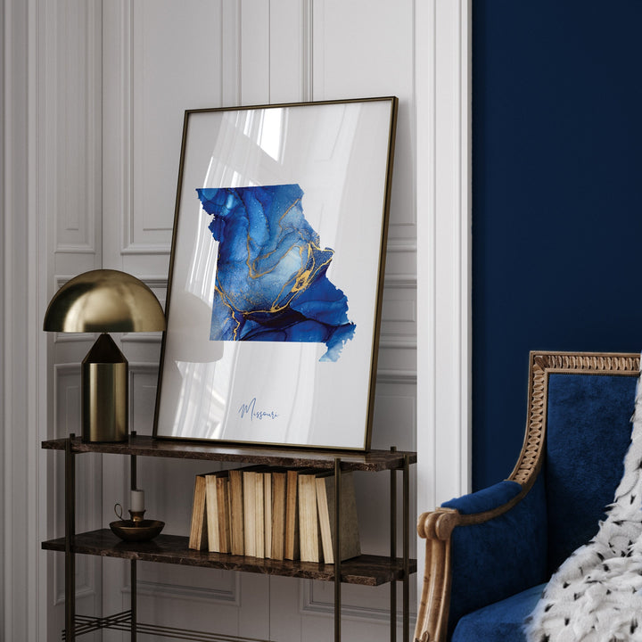 Missouri Map Blue and Gold Wall Art Print | US State | United States of America | USA