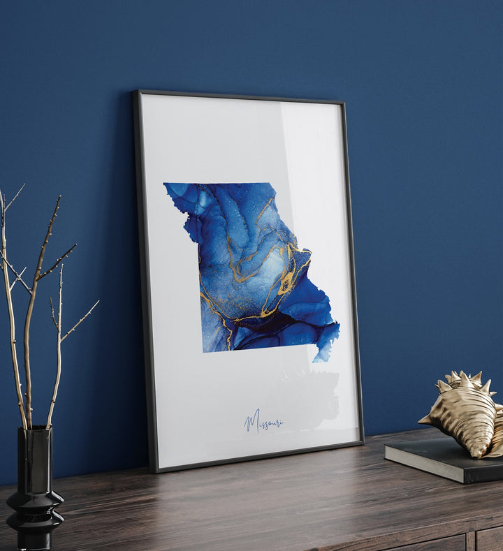 Missouri Map Blue and Gold Wall Art Print | US State | United States of America | USA