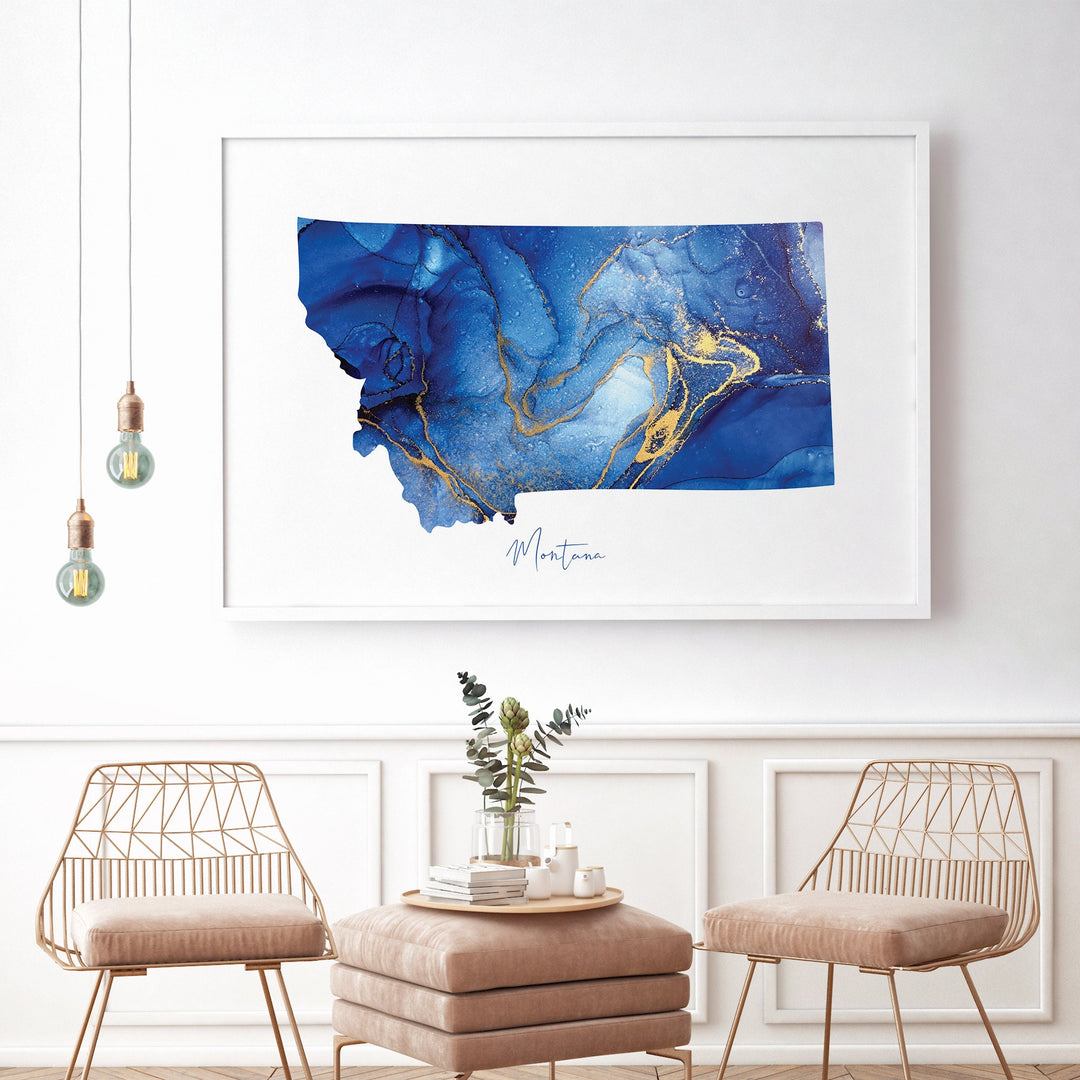 Montana Map Blue and Gold Wall Art Print | US State | United States of America | USA