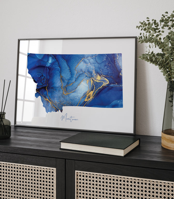 Montana Map Blue and Gold Wall Art Print | US State | United States of America | USA