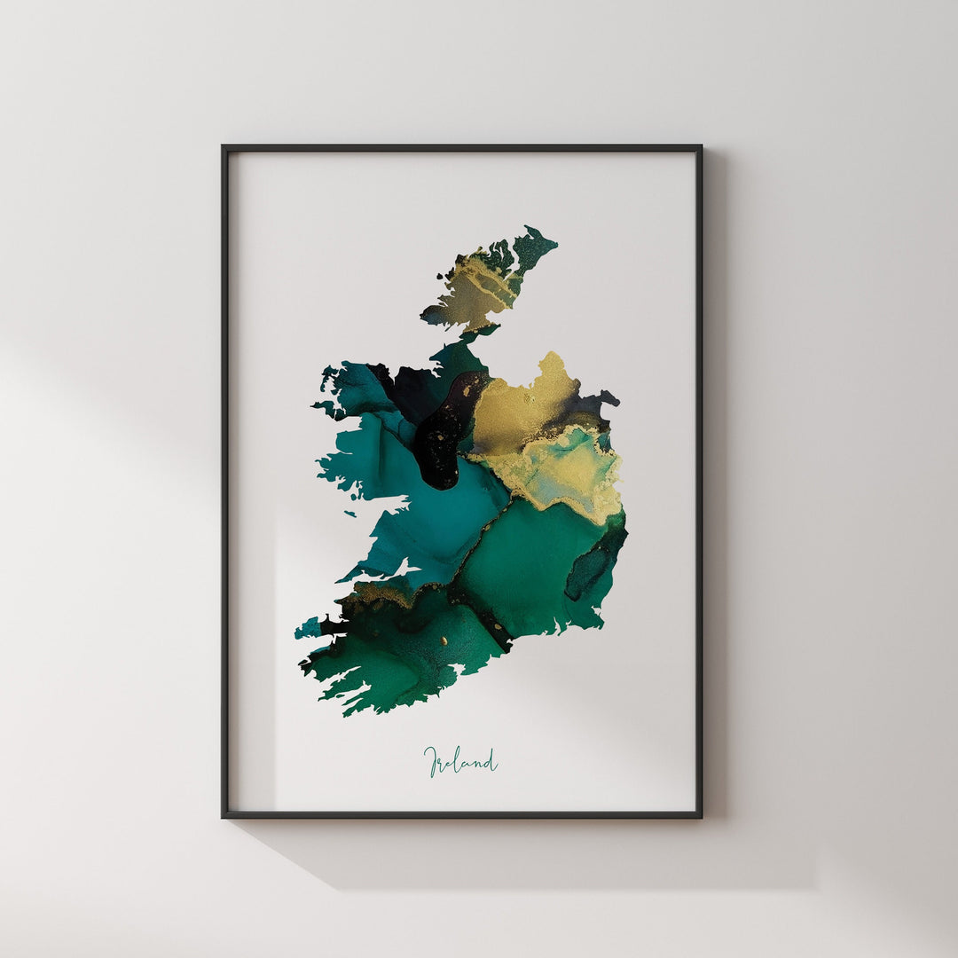 Republic of Ireland Map Emerald Green and Gold Wall Art Print