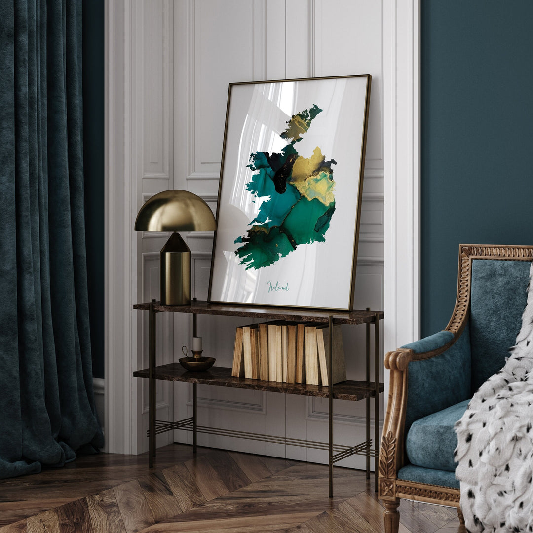 Republic of Ireland Map Emerald Green and Gold Wall Art Print