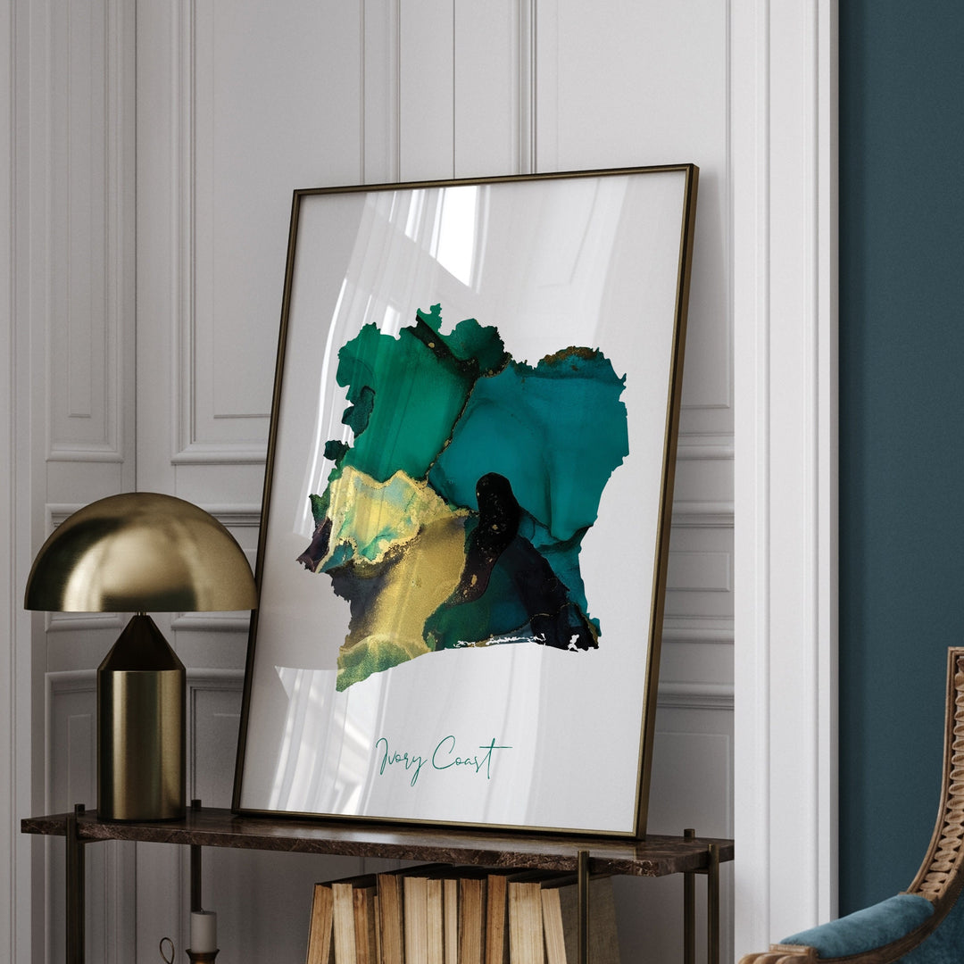 Ivory Coast Map Emerald Green and Gold Wall Art Print