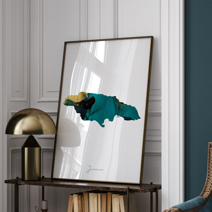 Jamaica Map Emerald Green and Gold Wall Art Print