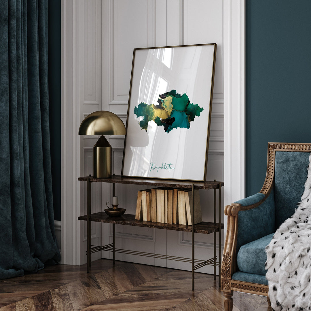 Kazakhstan Map Emerald Green and Gold Wall Art Print