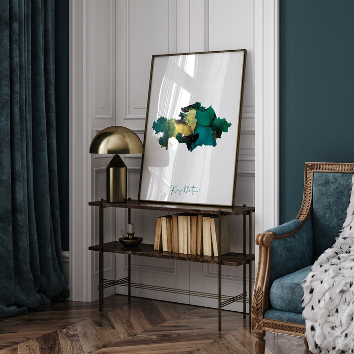 Kazakhstan Map Emerald Green and Gold Wall Art Print